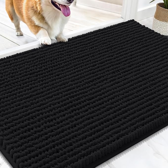 OLANLY Dog Door Mat for Muddy Paws 30x20, Extra Absorbent Chenille Mud Mat | Black, Absorbs Moisture and Dirt, Non-Slip Machine Washable Doormat, Quick-Drying Indoor Entryway Floor Mat for Dogs