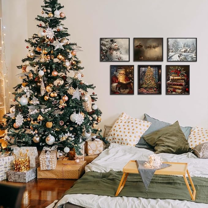 Vintage Christmas Santa Poster Set of 6, Santa Claus Pictures Wall Art Christmas Tree Wall Decor Painting Rustic Holiday Canvas Print Artwork for Living Room Farmhouse 12x16 inch Unframed