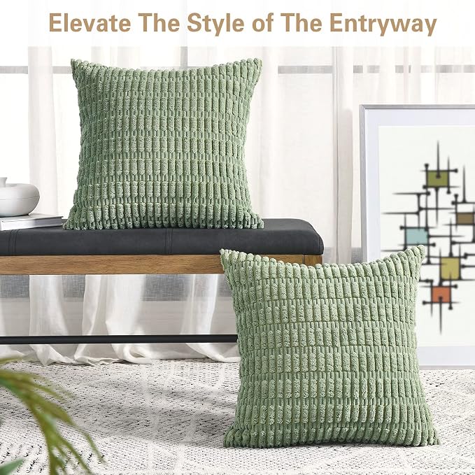 Volcanics Pack of 2 Sage Green Decorative Throw Pillow Covers 20x20 Inch | Soft Corduroy Striped Square Cushion Cases, Modern Farmhouse Boho Home Decor for Spring Couch Bed Sofa Living Room