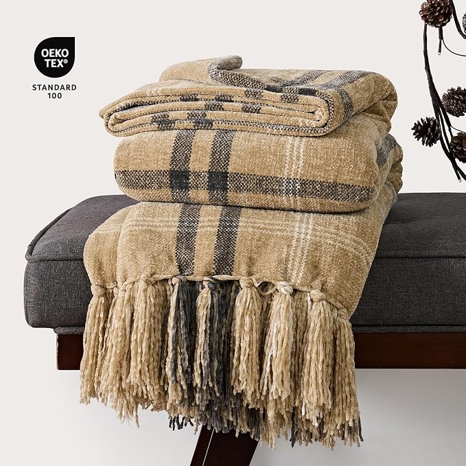 Plaid Chenille Knit Throw Blanket for Couch, 50"x60", Khaki Grey | Super Soft Knitted Throw with Tassels, Cozy, Decorative Farmhouse Plaid, Lightweight, Ideal for Bed Sofa Gift Home Decor