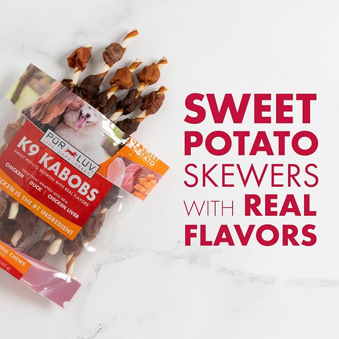 Pur Luv Dog Treats, K9 Kabobs Made with Real Chicken, Duck, and Sweet Potato, 12 Ounces, Dog Snacks, Healthy, Easily Digestible, Long-Lasting, High Protein Treat, Satisfies Urge to Chew | Triple-flavor chew: chicken, chicken liver & duck wrapped on swe...