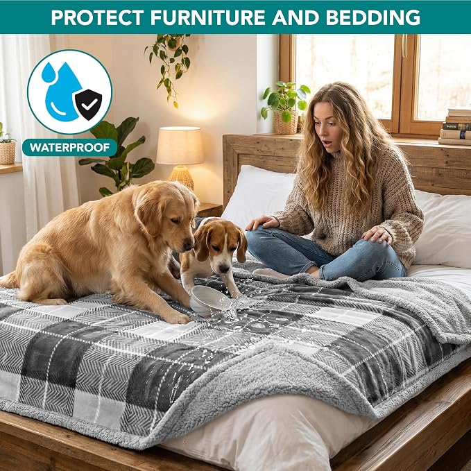 PetAmi Waterproof Dog Blanket for Medium Large Pet, 60x40, Plaid Light Grey | 460 GSM Sherpa Fleece Reversible, Pee Proof Cat Throw, Furniture Protector Cover for Couch Bed Sofa Kennel, Washable, Large