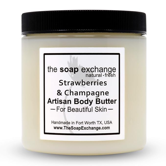 The Soap Exchange Body Butter - Strawberries & Champagne Scent - Hand Crafted 16 fl oz / 480 ml Natural Artisan Skin Care, Shea Butter, Aloe Vera, Nourish, Moisturize, & Protect. Made in the USA.