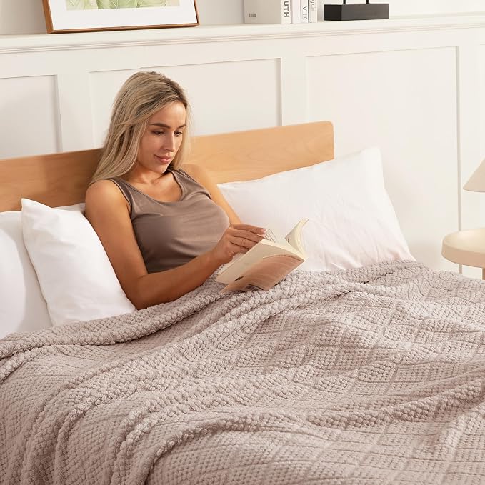Whale Flotilla Soft Fleece Twin Size Blanket for Bed, Camel | Jacquard Waffle Blankets for Home Decor, Lightweight and Cozy, All Season Suitable, 60x80 Inch