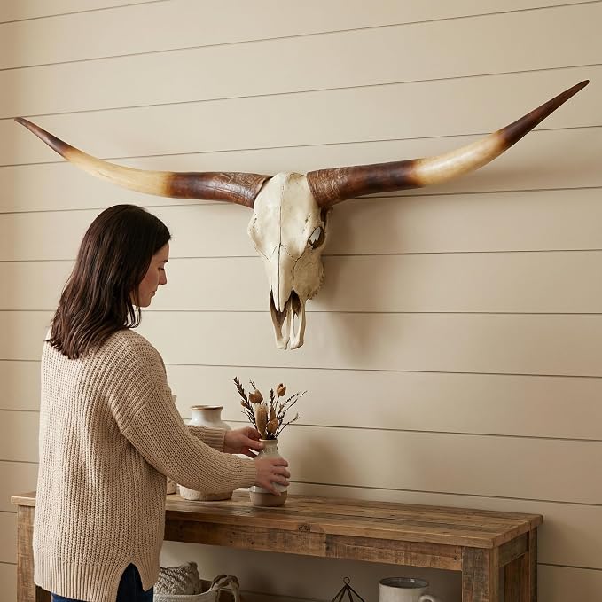 JUNTHORB 70in Longhorn Wall Decor, Extra Large Authentic Croissant，Cow Skull Wall Decor，cow horns, cow horn wall decoration, long horn skull，Handmade Farmhouse Decor (brown)