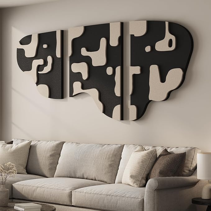 Large 3D Textured Modern Abstract Wall Art Decor for Living Room, 3 Piece Black and Beige Minimalist Artwork for Walls, Geometric Sandstone Texture Wall Decor for Hallway, Bedroom, Office, 24x36