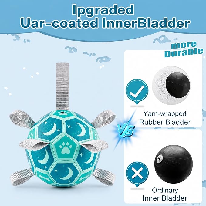 Dog Soccer Ball with Straps, 7.25 Inch Herding Dog Ball Toys Dog Birthday Toy, Balls for 30-90lbs Dogs, Outdoor Dog Toy for Medium Large Puppy, Interactive Toy for Tug, Water Toy Ball,Blue