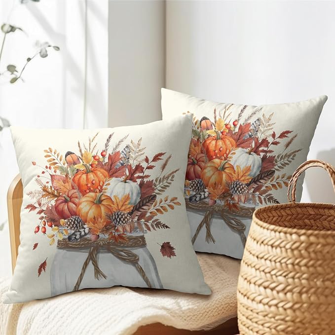 Kawani Farmhouse Fall Pillow Covers 18x18 Inch, Set of 2 Pumpkin Leaves Plant Orange Botanical Cotton Linen Zippered Square Cushion Case for Couch Sofa Bed Home and Outdoor Decor