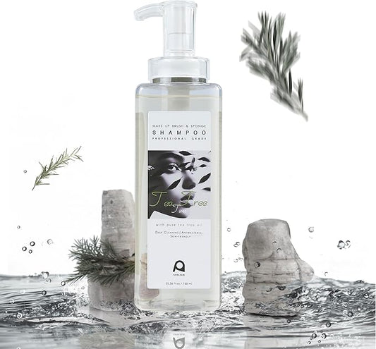 Aprilous Makeup Brush Cleaner, Tea Tree Oil, Shampoo for Sponges & Puffs, Deep Cleaning, Antibacterial, Conditions Bristles, Gentle, Vegan & Cruelty-Free, Large Value Size, 25.36 fl oz