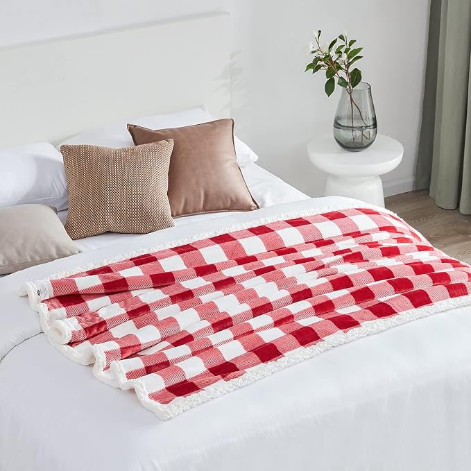 Sherpa Red and White Buffalo Plaid Christmas Twin Blanket 60" X 70", Fuzzy Fluffy Soft Cozy Blankets, Fleece Flannel Plush Microfiber Throw for Couch Bed Sofa (Red and White)