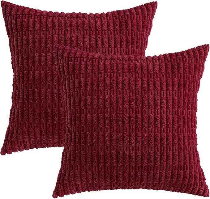 MIULEE Euro Sham Corduroy Decorative Throw Pillow Covers 24x24 Burgundy | Pack of 2 Soft Boho Striped Pillow Covers Modern Farmhouse Home Decor For Sofa Living Room Couch Bed