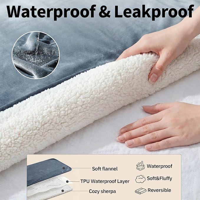 Sunheir Waterproof Blanket for Bed, Reversible Soft Flannel Twin Bed Blanket 60" x 80", Leakproof Throw Spill-Proof Dog Pet Blanket for Couch Cover, Furniture, Camping, Travel, Grey
