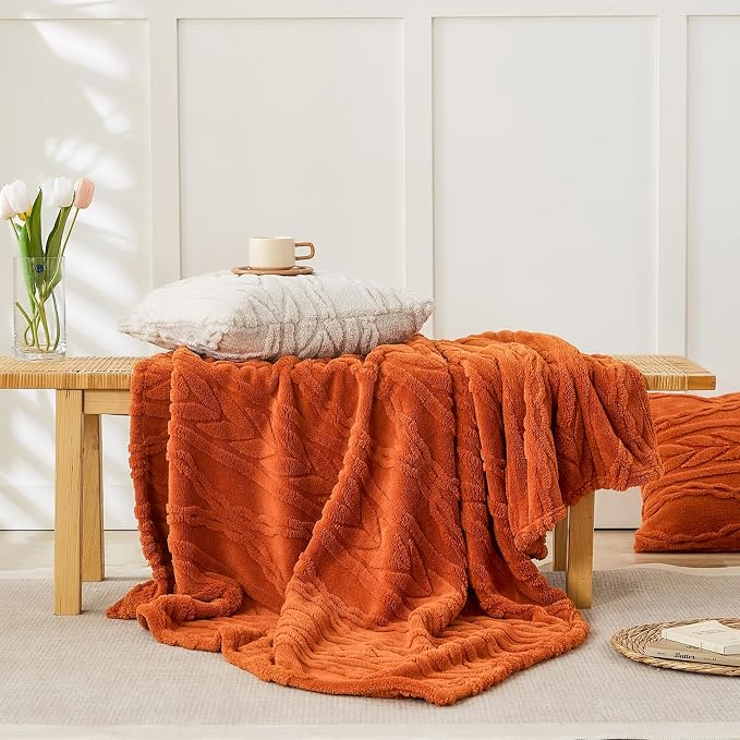 YUSOKI Sherpa Fleece Large Throw Blanket, Burnt Orange, 50"x65" | 3D Stylish Design,320GSM, Non-Shedding, Lightweight for All Season Use, stays fluffy after repeated washes, Perfect Gifts