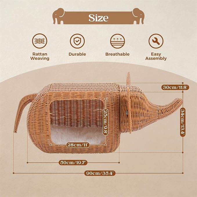 PAWZ Road Elephant Rattan Cat Bed, Indoor Outdoor Condo for Large Cats | breathable rattan cat house, 51L interior fits large cats 15lbs, wicker cat bed with removable cushion