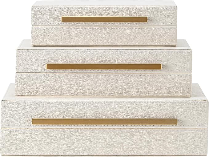 XIGEXIGE Faux Leather Large Modern Stackable Nesting Jewelry Box with Lids Organizer – Set of 3 Beige Shagreen Decorative Storage Boxes with Gold Metal Handles