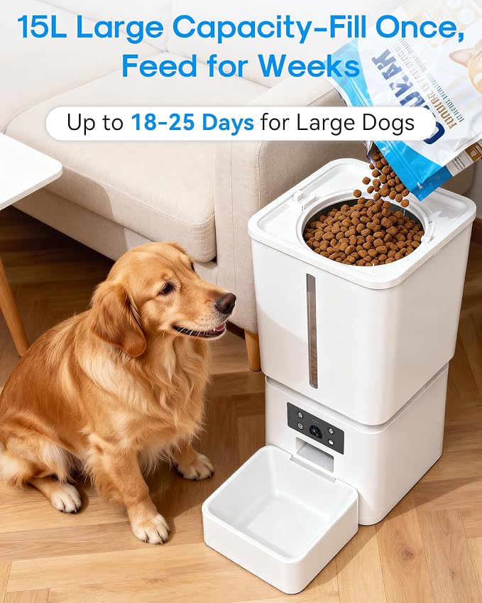 Automatic Dog Feeder Large Breed, 15L/63 Cups Auto Dog Food Dispenser | Anti-Clog Design for 2–23mm Large Kibble, 1080P HD Camera ＆ Night Vision, Easy Setup 5G WiFi App Control for Busy Pet Parents