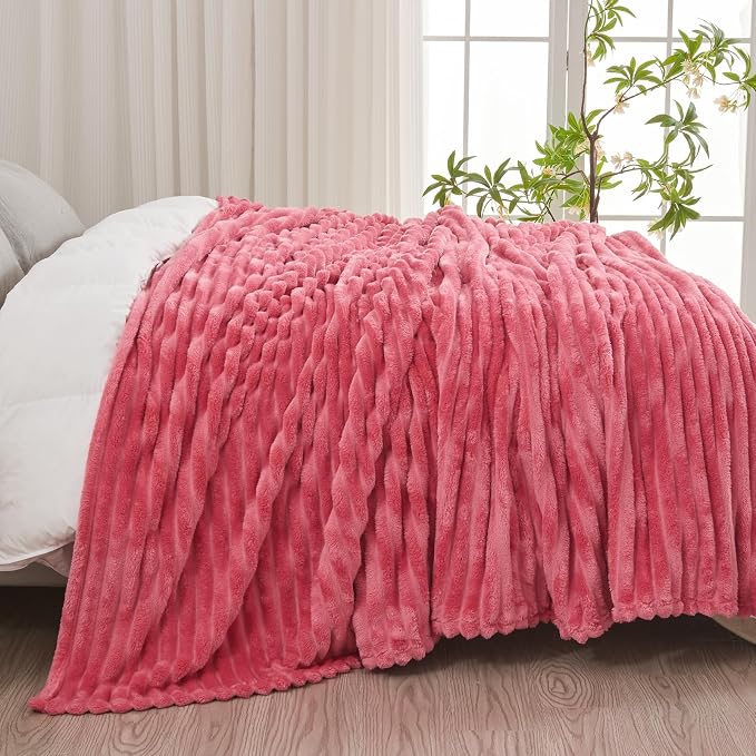 NEWCOSPLAY Fleece Ribbed Cozy Queen Blanket for Couch, Coral Pink, 90"x90" | Premium Silky Flannel Blanket, Soft Lightweight Fluffy Throw Blanket for Bed Sofa Decor, Gift for All Season Use
