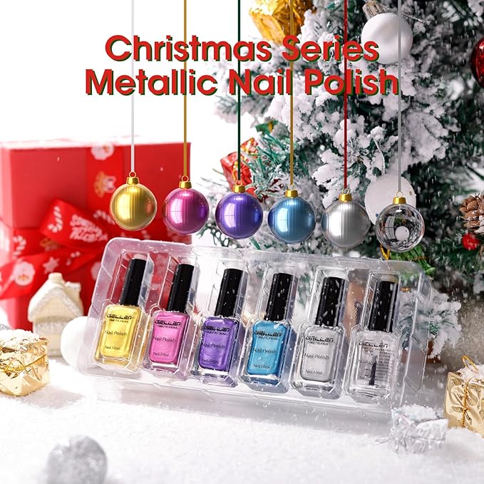 GELLEN Metallic Nail Polish, Quick Air Dry Metal Regular Nail Polish Gold Silver Purple Pink Blue 5 Colors with 2-In-1 Base Top Coat | For Finger Toe Nails Home Salon, TPO & Hema Free, Non-toxic