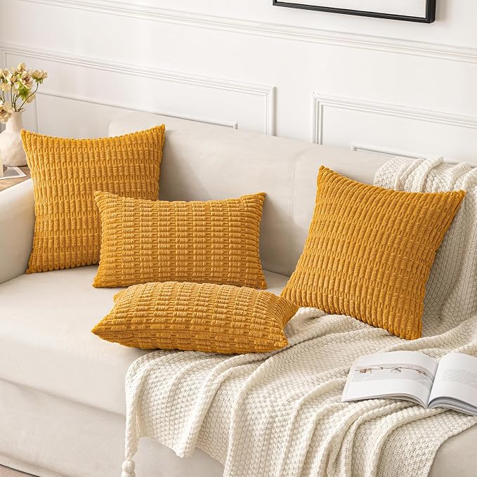 MIULEE Corduroy Decorative Throw Pillow Covers 20x20 Gold Yellow Pack of 2 | Soft Boho Striped Pillow Covers Modern Farmhouse Home Decor For Sofa Living Room Couch Bed