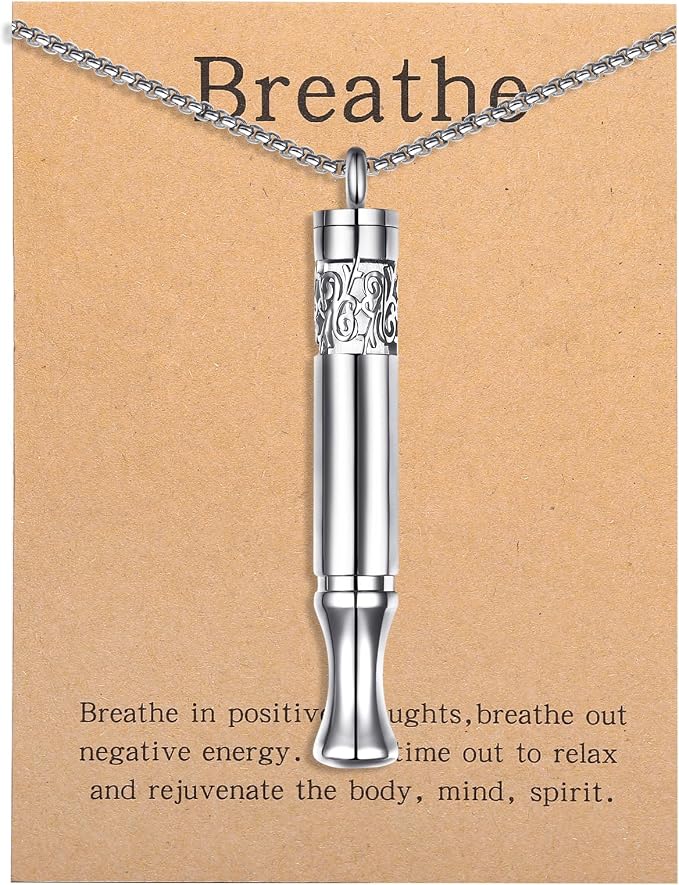 Anxiety Relief Pendant Mindfulness Breathing Necklace - Essential Oil Diffuser & Personal Inhaler Aromatherapy Necklaces for Women & Men (Steel)