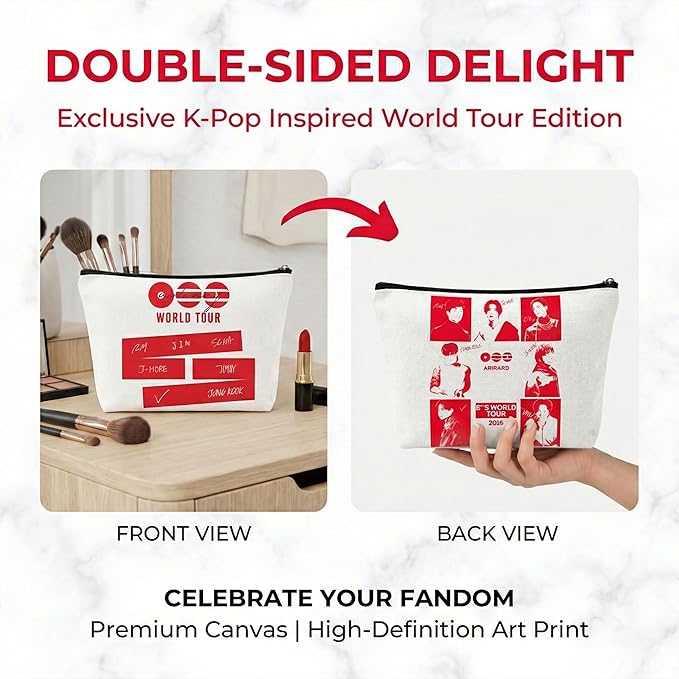 K-Pop Inspired Makeup Bag Red White, Cute Cosmetic Pouch with Zipper, Travel Organizer for Concert, School, Gym, Gifts for Fans