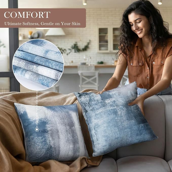 Set of 4 Blue and Grey Abstract Art Artwork Pillow Cover 20 x 20 Inch, Gallery Modern Decorative Throw Pillows Cushion Cover for Bedroom Sofa Living Room | Double-sided vibrant artwork accent cushion covers. Perfect decorative pillows for couch, sofa, ...