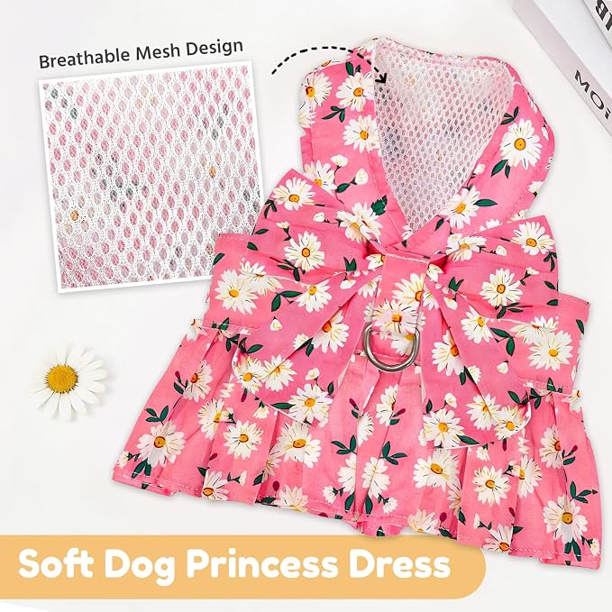 BAEJMJK Dog Dress Bowknot Harness Leash Set for Small Dogs Cats Daisy Floral Girl Dog Dresses Cute Puppy Princess Clothes Pet Doggy Outfits Spring Summer Breathable Dresses(Pink,Large)