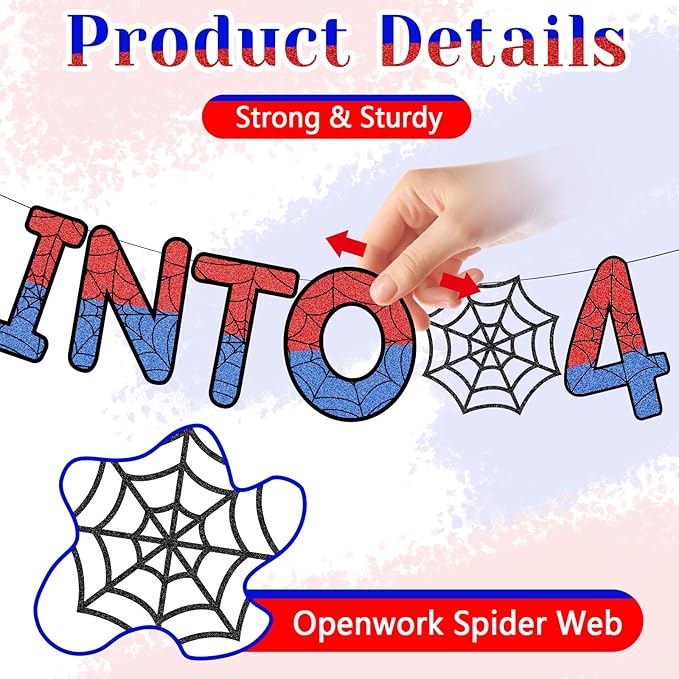Spider Themed 4th Birthday Banner Glitter Swinging into 4 Banner Pre-strung Ghost Spider Web 4th Birthday Decorations Party Supplies for Third 4 Year Old Boys Girls Kids(4 Years)