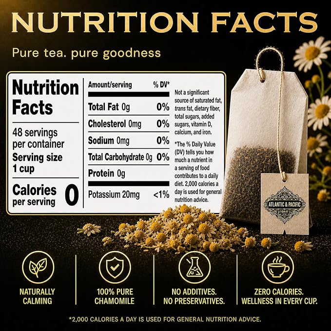 A&P Coffee Hartford’s Chamomile Tea Bags, 48 Count, Caffeine Free Herbal Tea, Soothing Bedtime Tea, Calming Relaxation Blend, Smooth Flavor, Hot or Iced Tea, Premium Herbal Infusion, Fresh Aroma