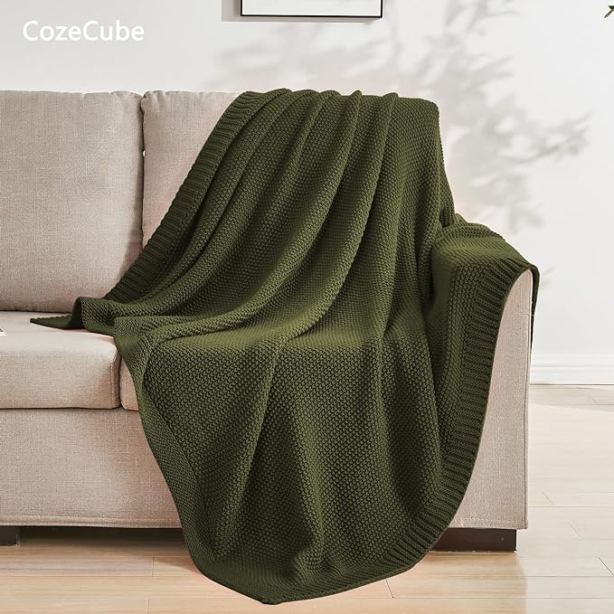 CozeCube Olive Green Seed Stitch Throw Blanket 50"x60", Farmhouse Decor | Blanket for Couch, Soft Cozy Cable Knit Throw for Bed Sofa Living Room, Lightweight Warm Decorative Christmas Blanket