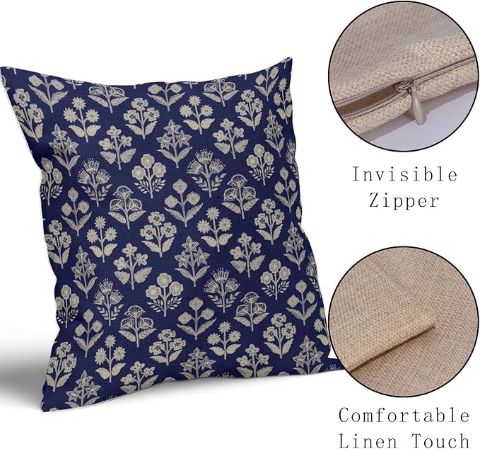 Navy Blue Floral Block Print Pillow Covers 16x16 Inch Set of 2, Vintage Flower Pattern Decorative Throw Pillowcases Outdoor Farmhouse Cushion Covers Spring Summer Rustic Sofa Couch Bed Decor