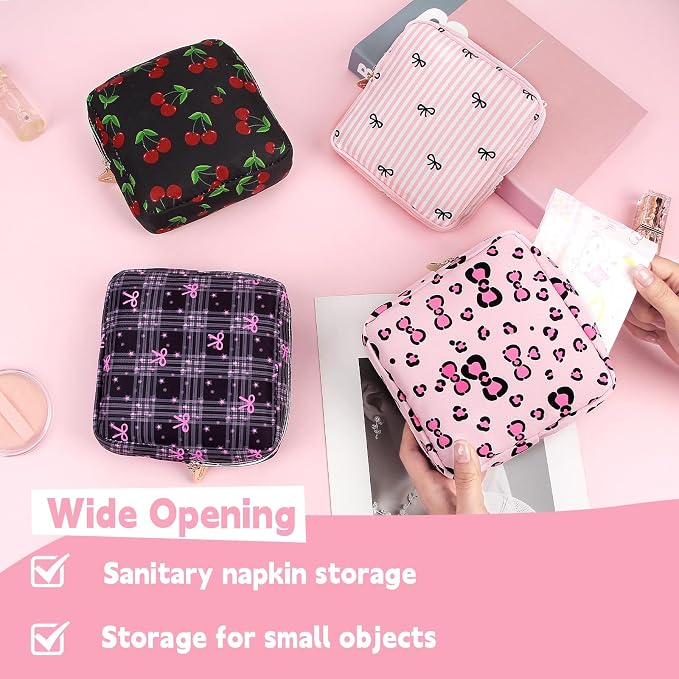 Sanitary Pad Storage Bag Portable Period Bag for Teen Pads/Sanitary Napkins/Small Tampons, Sanitary Napkin Storage Bag First Period Gifts for Teen Girls (Leopard Print Bowknot)