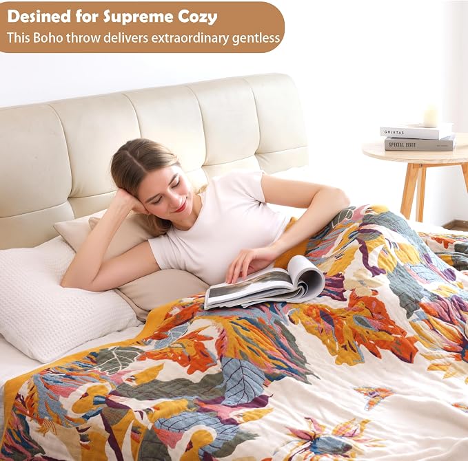 VANJOROY Boho Throw Blanket, 100% Organic Cotton 50x60 for Couch Bed, Beige | Cozy Ultra soft, Breathable, Skin-friendly Lightweight, Rustic Boho Decor,Embroidery Design,All Season Beige Quilt Throw