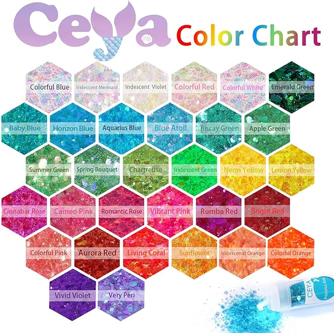 Ceya Chunky Glitter Set 32 Colors, 11.28 oz/ 320g Craft Glitter Powder Mixed Chunky Fine Sparkle Flakes Each 15ml Iridescent Nail Sequins for Epoxy Resin Nail Art Tumbler Slime Festival Decor