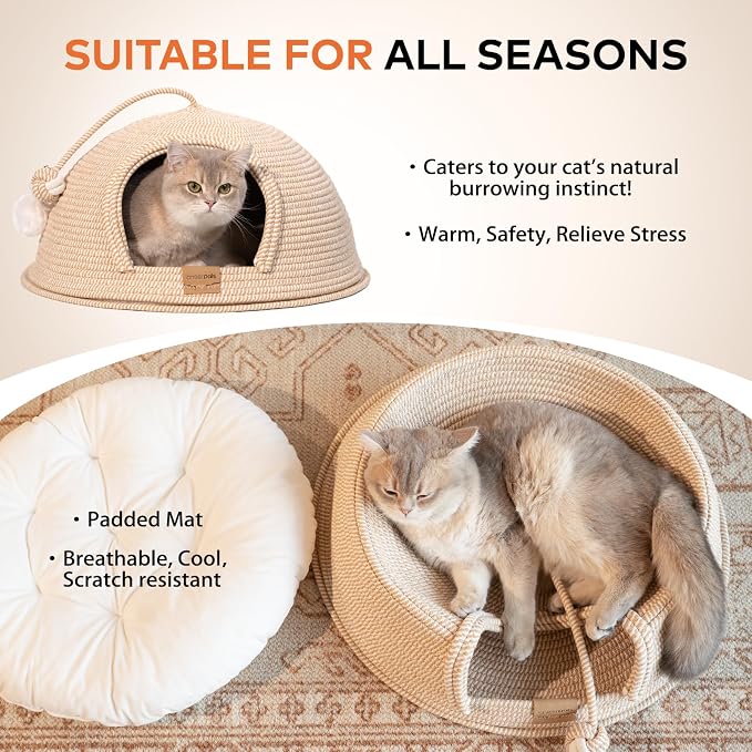 Cat Cave Bed with Washable Cushion and Ball, Handwoven Cotton Rope Cat Basket Bed for Indoor Cats Bed Covered, 3-in-1 Scratching, Playing & Sleeping, All Season Universal(White)