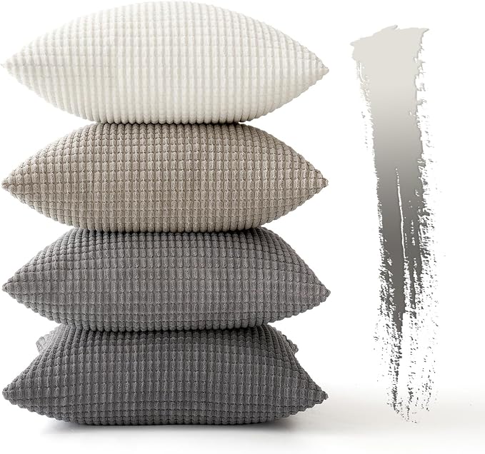 MIULEE Neutral Decorative Pillow Covers 18x18 Inch Set of 4 Modern Grey | Timeless Mid Century Throw Pillows, Rustic Corduroy Couch Pillowcases, Nordic Home Decor for Sofa Living Room Bed