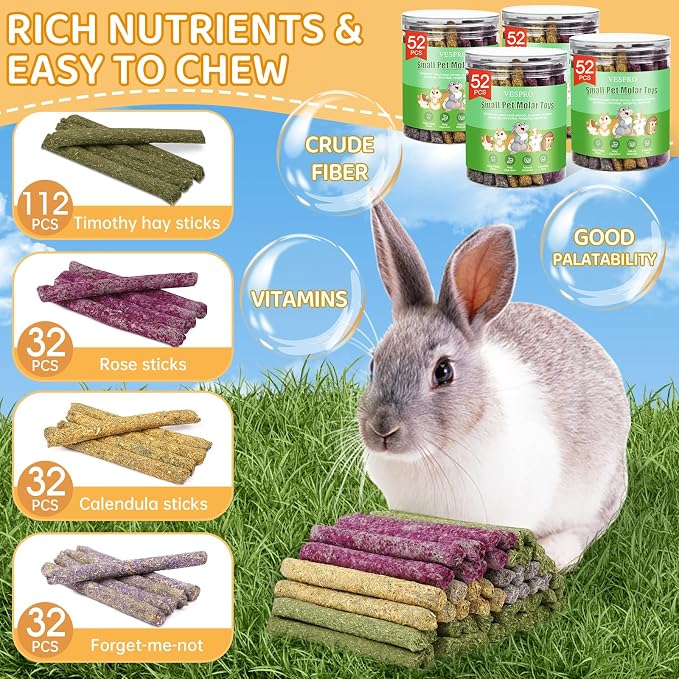 208Pcs Rabbit Chew Sticks, Guinea Pig Toys, Natural Timothy Hay Teeth Stick
