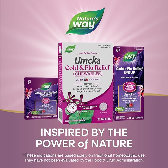 Nature's Way Cold+Flu Relief, Umcka, Shortens Duration and Reduces Severity, Multi-Symptom Relief, Homeopathic, Phenylephrine Free, Non-Drowsy, Berry Flavored, 20 Chewable Tablets (Packaging May Vary)