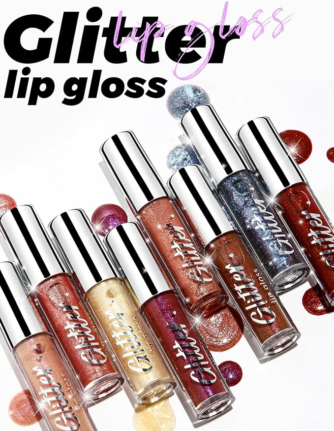 Erinde Glitter Shimmer Lip Gloss, Hydrating High-Shine Glimmer Finish & Sheer Wash Of Color Lip Oil, Non-Sticky, Moisturizing Lip Makeup, Bling Sparkle Lip Gloss Lipstick, Vegan & Cruelty-Free, 08