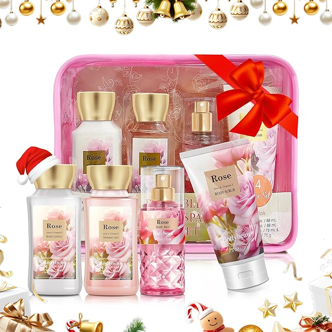 Mother's Day Rose Spa Gift Set - 4PCS Luxury Bath and Body Kit for Women with Shower Gel, Body Scrub, Lotion & Body Mist - Portable Travel Size Self Care Gift for Mom, Wife, or Her