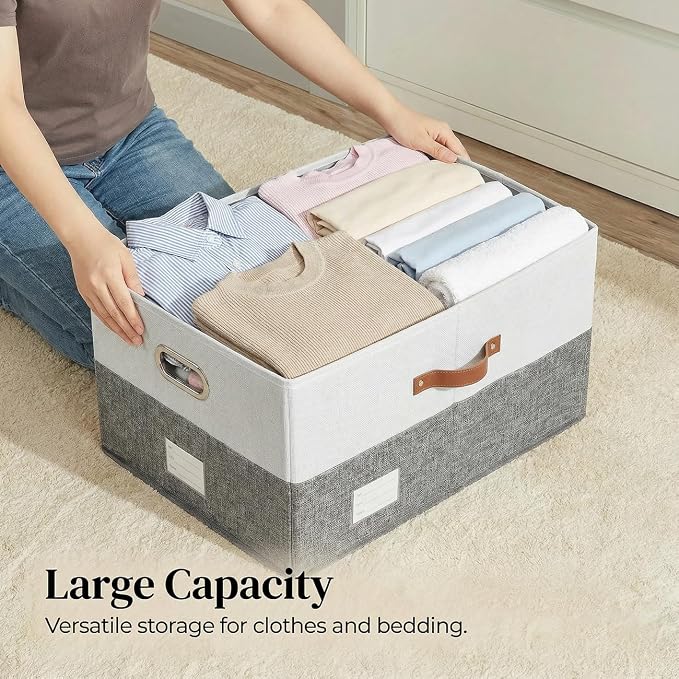 Storage Bins with Lids [3-Pack] Linen Fabric Foldable Storage Boxes Organizer Containers Baskets Cube with Cover for Bedroom Closet Office Grey&White (23.4X15.9X11.4)
