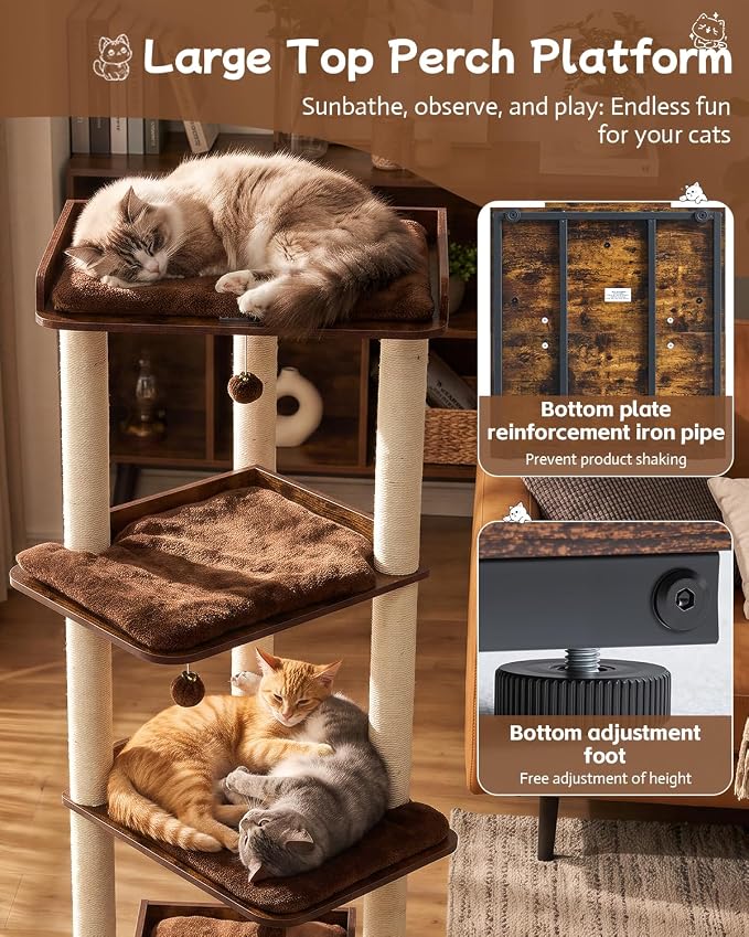 FourFurPets Heavy Duty Cat Tree, 67.7" Cat Tree for Indoor Cats Large Adult, Modern Cat Tower for Large Cats, Cat Tower with Scratching Post, Large Perch and Removable Pads, Rustic Brown