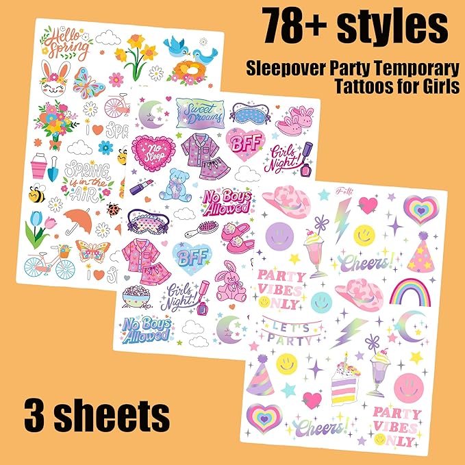 Girls Sleepover Party Temporary Tattoos, 78+ Styles, 3 Sheets, Spring and Party Theme Designs, Birthday Party Favors/Movie Night Goodie Bag Favors, Cute Bday Decorations, Stocking Stuffer