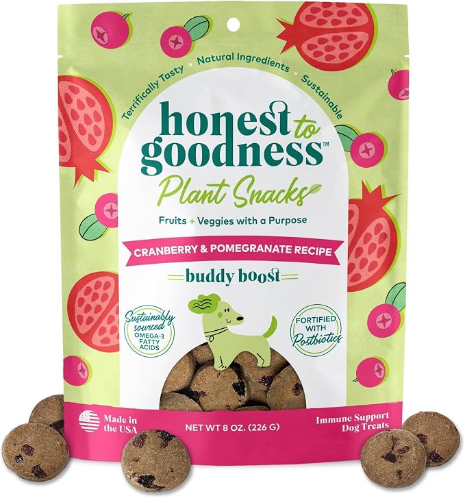Honest to Goodness Plant Snacks Cranberry & Pomegranate Dog Treats, 8 oz | Crunchy, Plant-Based, Buddy Boost Immune Support, Enriched with Omega 3 Fatty Acids, Fortified with Postbiotics, USA Made