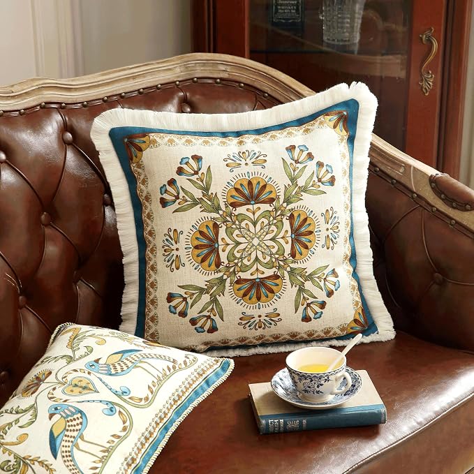 patdrea Designer Vintage Linen Throw Pillow Cover,18"x18"-Wensel B | RusticDecorative Pillow Case with Zipper,Floral Pattern,Cushion Coverfor Couch Living Room Bedroom Sofa