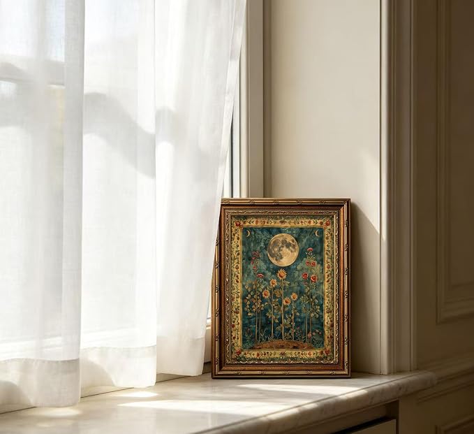 Vintage Gold Framed Celestial Moon Wall Art,Tarot Crescent Moon Painting Canvas Print,Gothic Moody Wildflowers Wall Decor,Dark Academia Vibe Poster Artwork,for Living Room Bedroom Bathroom