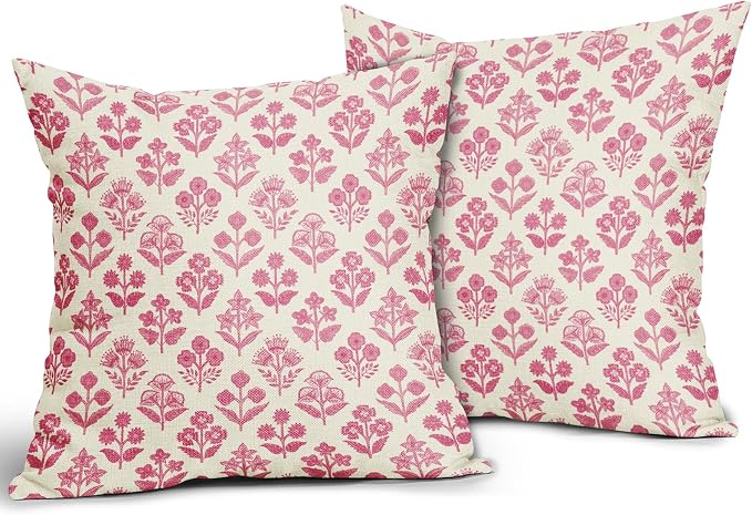 Hot Pink Floral Pillow Covers 18x18 Inch Set of 2, Vintage Flower Block Print Pattern Decorative Throw Pillowcases Outdoor Farmhouse Cushion Covers Spring Summer Rustic Sofa Couch Bed Decor
