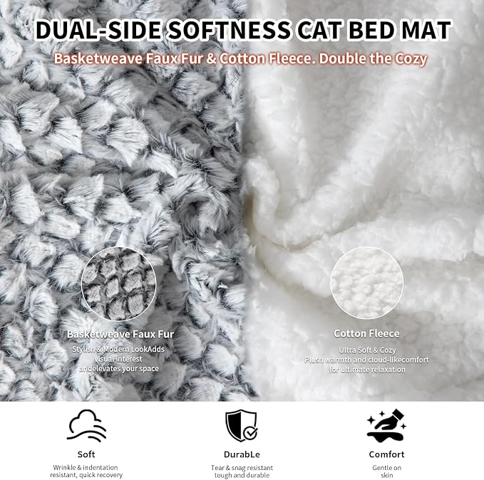 Cat Bed for Indoor Cats, Self Warming Basketweave Chenille Fur Mat | 23.6"x15.7", Faux Rabbit Fur in Basketweave, Silent Crinkle-Free, Double-Sided Cozy, Non-Slip Bottom, Machine Washable
