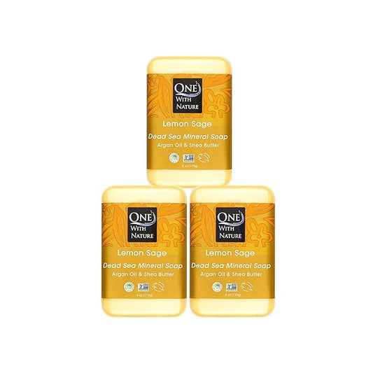 One With Nature Dead Sea Salt Lemon Sage Soap 4oz 3-Pack – Purifying and Exfoliating Soap Bar with Dead Sea Minerals for Face & Body, for Men & Women
