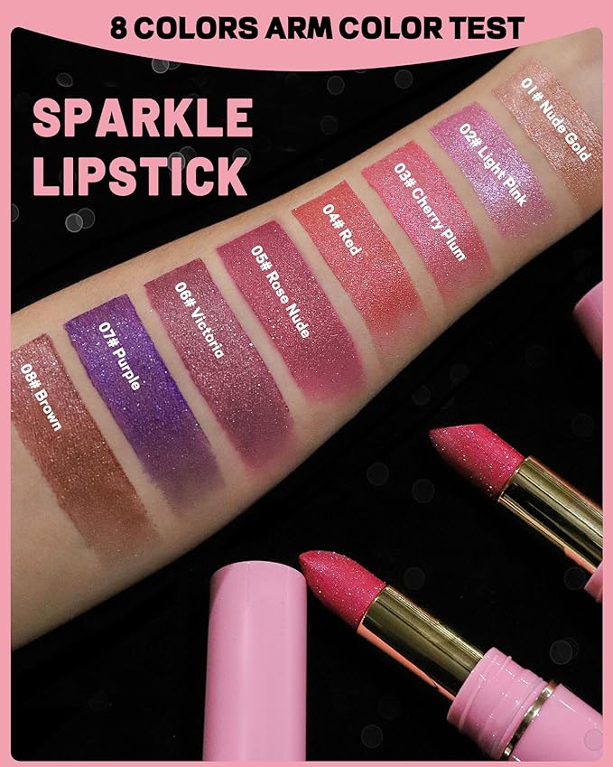 Glitter Metallic Shimmer Lipstick Long Lasting,Glitter Diamond Shine Red Color Matte Lipstick Transfer Proof Non-Stick Lip Gloss Shimmer Highly Pigmented Full Coverage Lip Makeup for Women-06